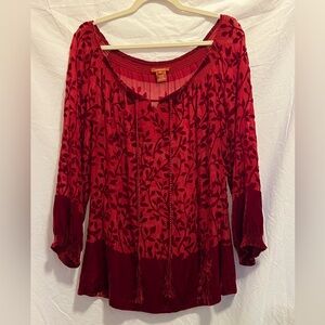 Sundance velvet and sheer floral vine pattern XS red holiday Christmas Blouse
